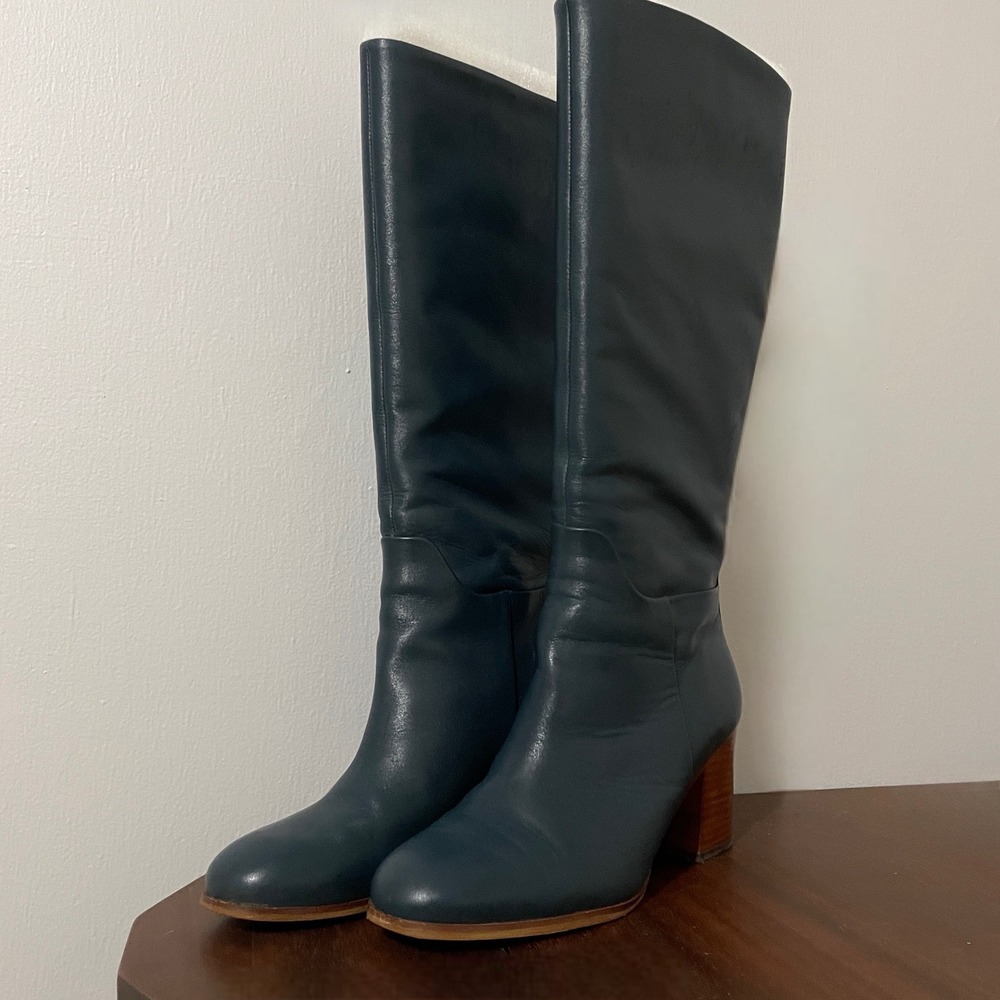 Boden Olivia Teal Leather Heeled Boots 38 Slip On Calf Boot - Picture 3 of 13